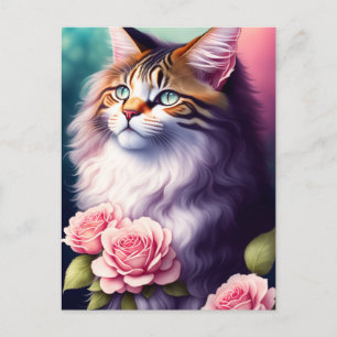 Söt Maine Coon & Flowers Porträtt Vykort