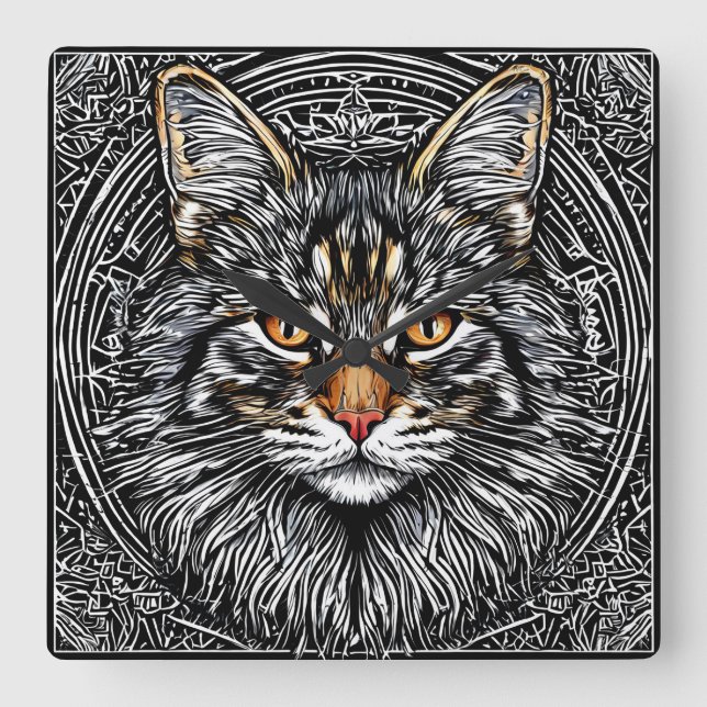 Söt Maine Coon Katt Fyrkantig Klocka (Framsida)