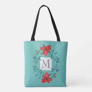 söt målad blomma i blått lägg till monogram tygkasse