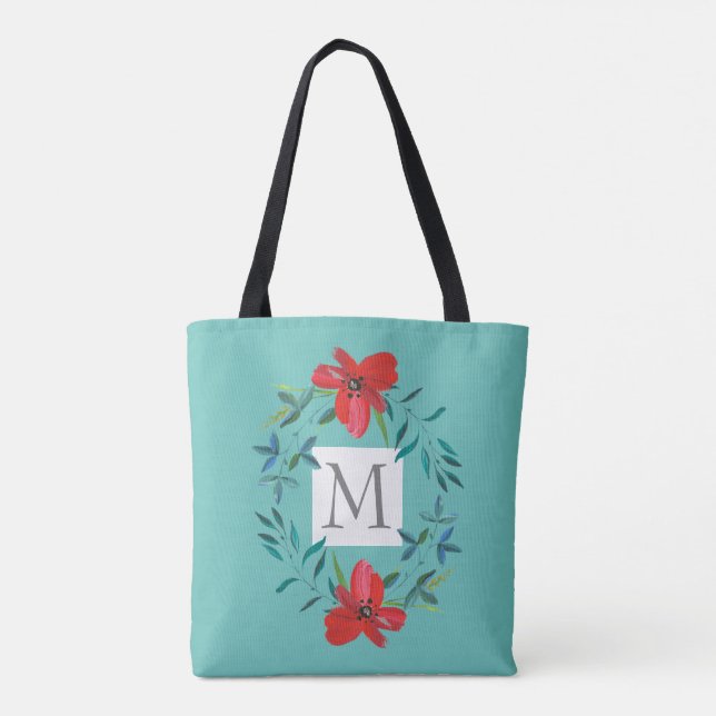söt målad blomma i blått lägg till monogram tygkasse (Baksida)