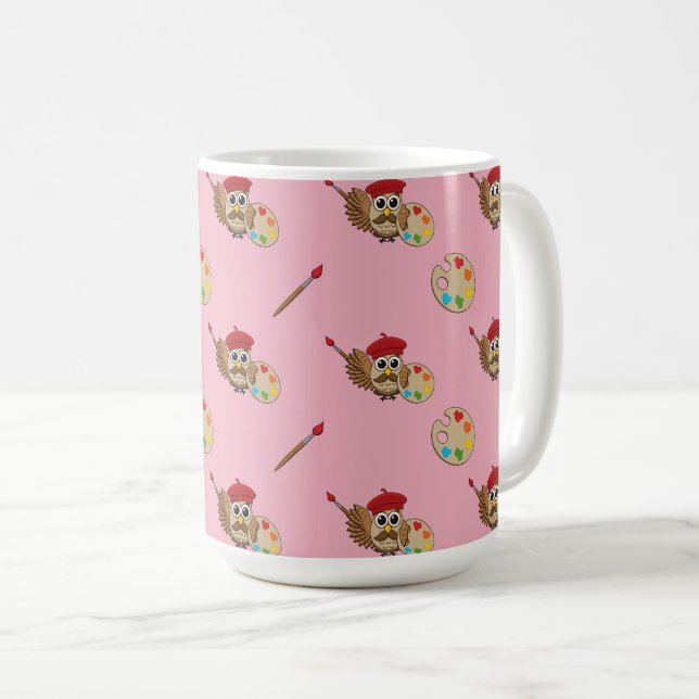 Söt målare uggla tecknad serie kaffemugg (Framsida höger)