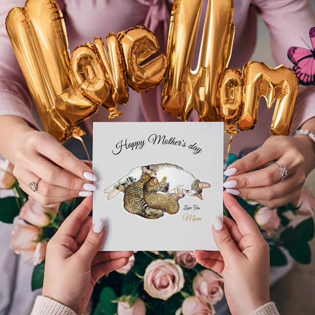 Söt mamma katt ammar sina små kattungar kort (Cute Mother cat and kittens custom Holiday card. This Modern and Meaningful custom card full of love)