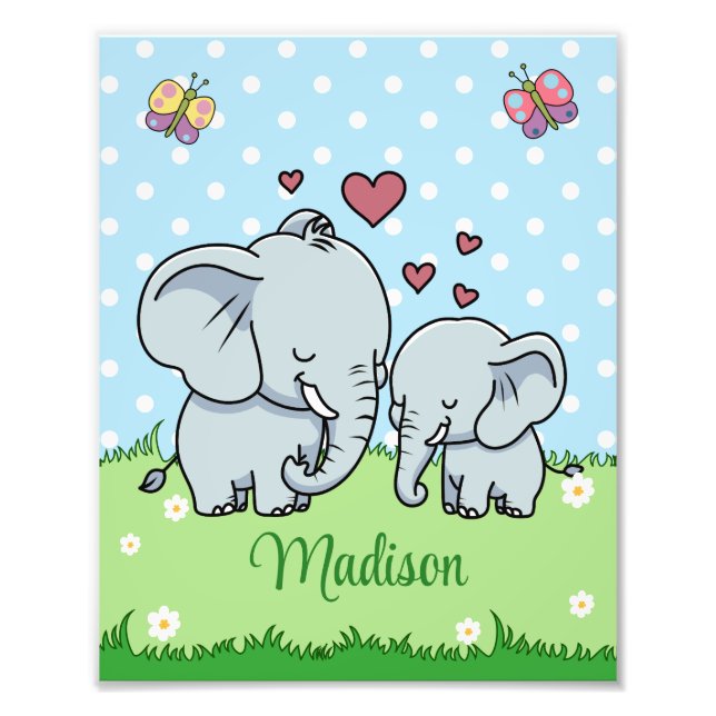 Söt mamma och baby elefant, Personlig Fototryck (Framsidan)
