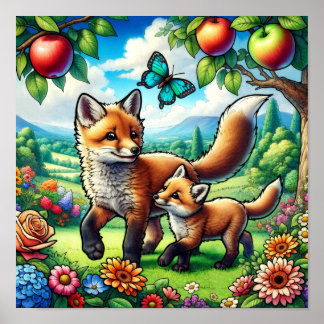 Söt mamma och baby räv i färgglard trädgård poster