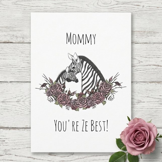 Söt Mamma och Baby Zebra Glad mors dag Kort (Cute Baby and Mommy Zebra Happy Mother's Day Card. Illustration, Pink Roses, Photo, Zebra Print)