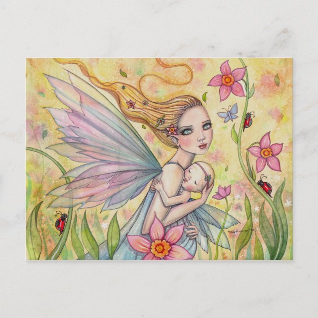 Söt mamma och bebis Änglaliknande fantasiillustrat Vykort (Framsida)