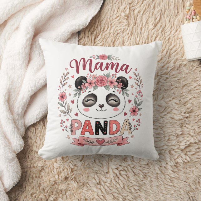 Söt Mamma Panda med Rosa Blommor och Hjärtan Kudde (Filt)