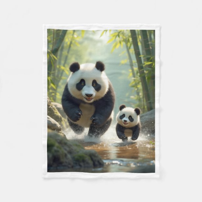 Söt mamma panda och unge springer i flodfilt fleecefilt (Framsidan)