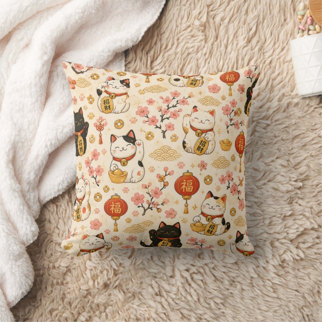 Söt Maneki Neko Japansk Lyckokatt   Kudde (Filt)