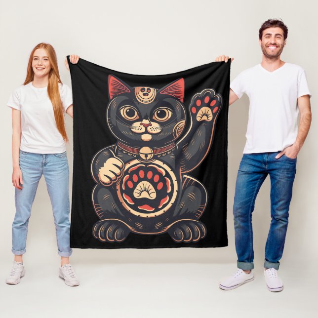 Söt Maneki Neko-kattutskrift japansk Fleecefilt (På plats)