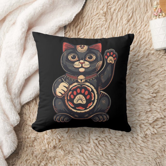 Söt Maneki Neko-kattutskrift japansk Kudde (Filt)