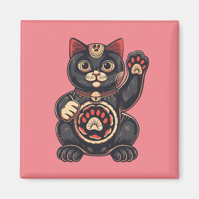Söt Maneki Neko-kattutskrift japansk Magnet (Framsidan)