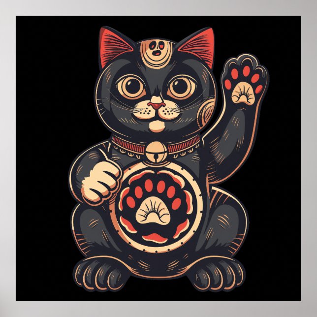 Söt Maneki Neko-kattutskrift japansk Poster (Framsidan)