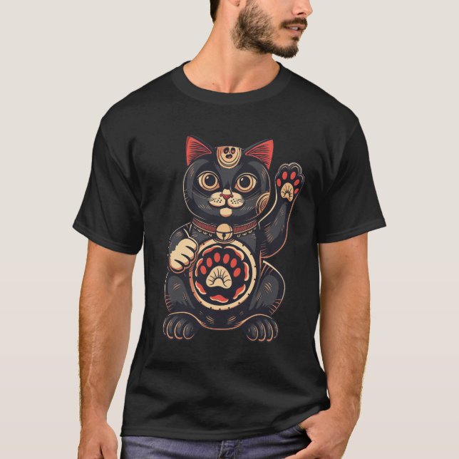 Söt Maneki Neko-kattutskrift japansk T Shirt (Framsida)