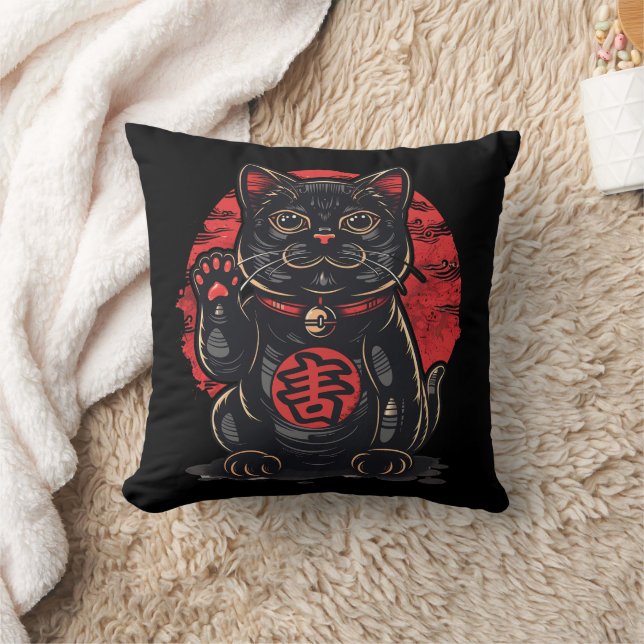 Söt Maneki Neko-kattutskrift ritad japansk symbol Kudde (Filt)