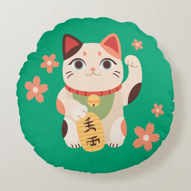 Söt Maneki Neko Lucky Cat Rund Kudde (Framsidan)