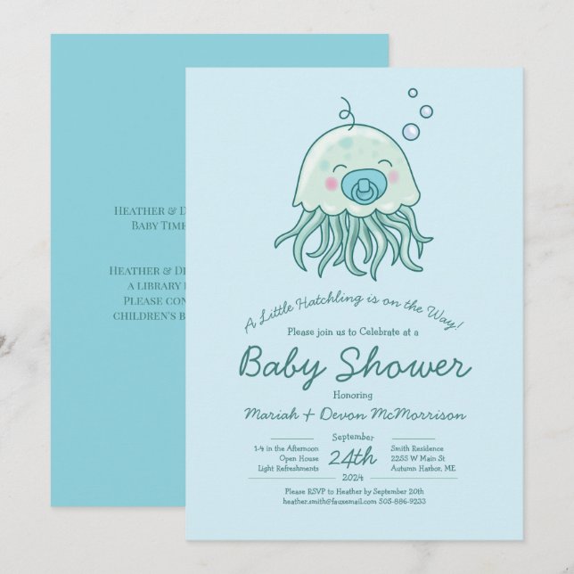 Söt manlig baby shower med kawaii blå manet inbjudningar (Fram/baksida)