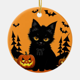 Söt månljust katt & pumpa Halloween-magi Julgransprydnad Keramik