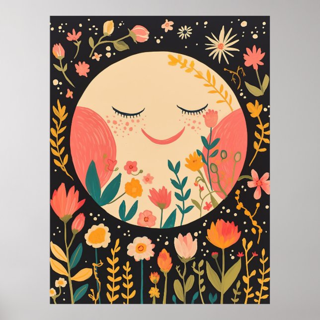 Söt månnatt himmel Boho blommig illustration Poster (Framsidan)