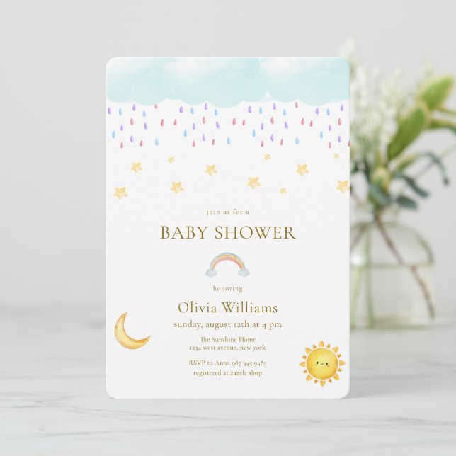 Söt månstjärna regnbåge regndroppe baby shower inbjudningar (Stående Fram)