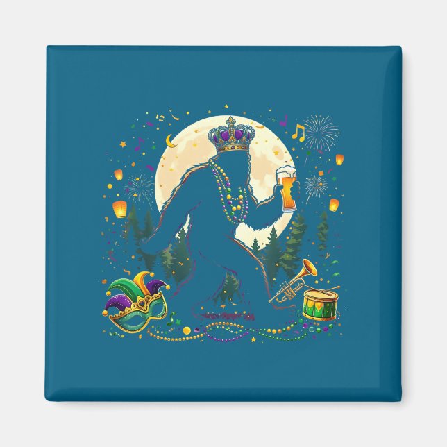 Söt Mardi Gras Bigfoot Sasquatch Dricker Magnet (Framsidan)