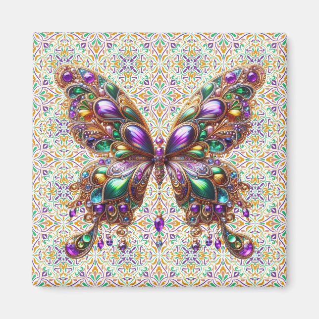 Söt Mardi Gras-fjäril med juveler Magnet (Framsidan)