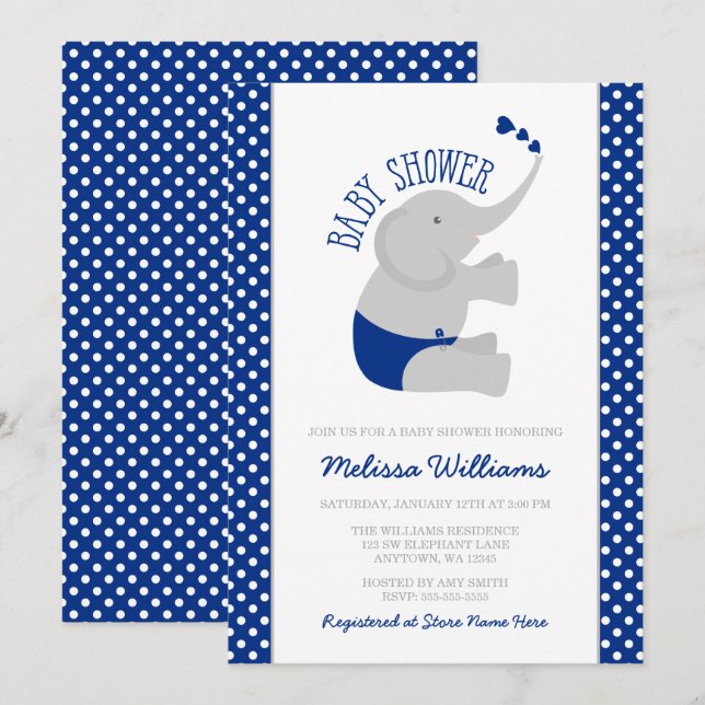 Söt marinblå grå elefantbaby shower inbjudningar (Fram/baksida)
