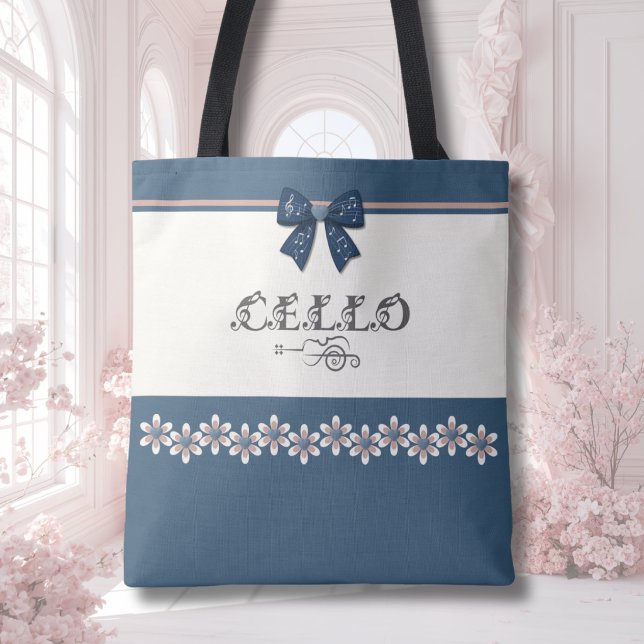 Söt Marinblommig Bogserbåt Cello Musik Shoppingväs Tygkasse (Sweet navy floral cello tote bag for teen girls to keep music organized for school concerts.)
