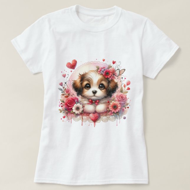 Söt marionett med Blommigt Hearts T Shirt (Design framsida)