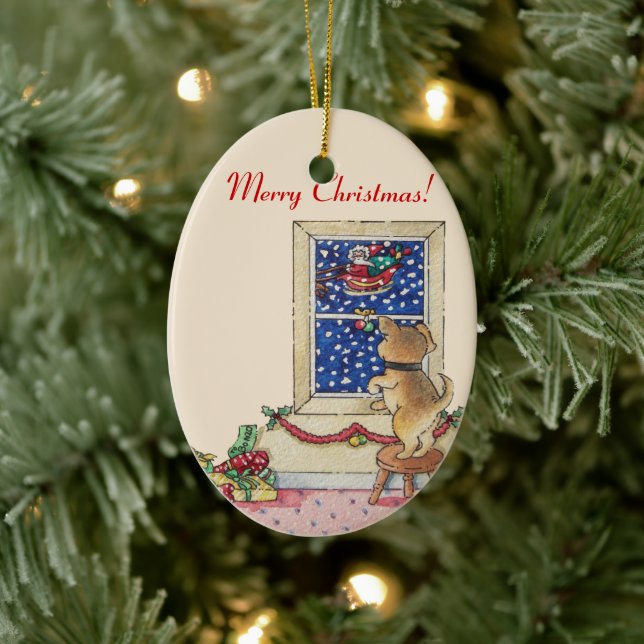 Söt marionett som viftar till Santa i snö Julgransprydnad Keramik (Träd)