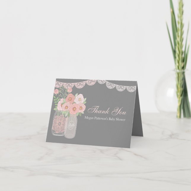 Söt Masonburk Rosa Grå Bebis Baby Shower Tack Kort (Framsida)