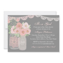 Söt Masonburk Rosa & Grå Bebis Shower Inbjudan