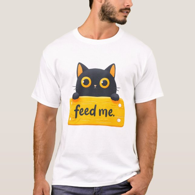 Söt "Mata mig" hungrig katt grafisk t-shirt (Framsida)