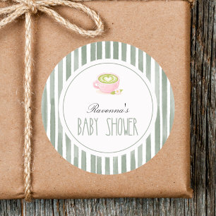 Söt Matcha Te Salvia Randig Ram Babyshower Runt Klistermärke