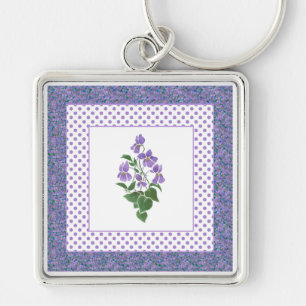 Söt Mauve Violets Blommigt och Polka Dot Keychain Fyrkantig Silverfärgad Nyckelring