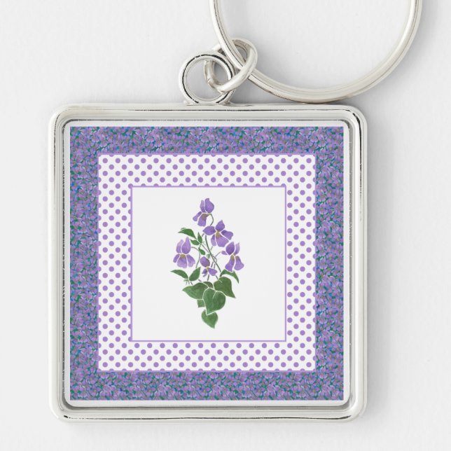 Söt Mauve Violets Blommigt och Polka Dot Keychain Fyrkantig Silverfärgad Nyckelring (Framsidan)