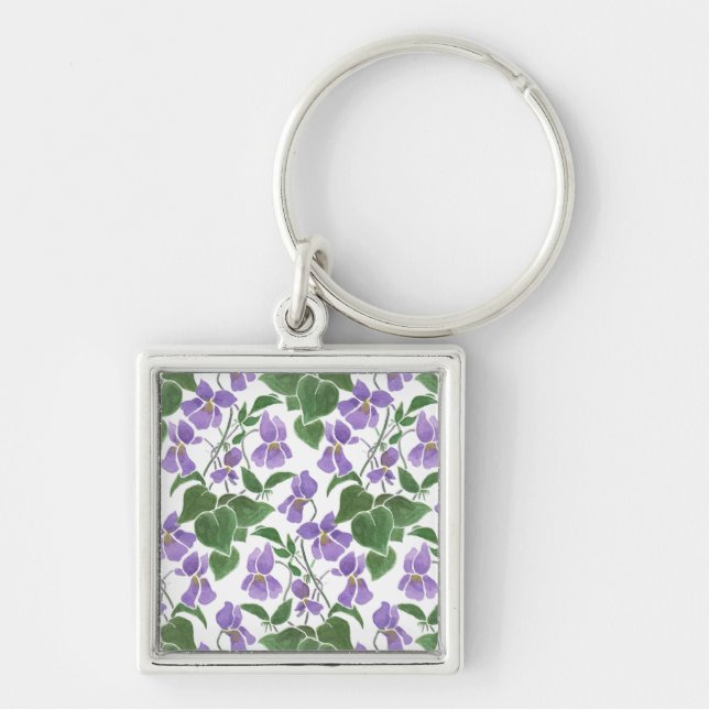 Söt Mauve Violets Blommigt Square Keychain Fyrkantig Silverfärgad Nyckelring (Framsidan)