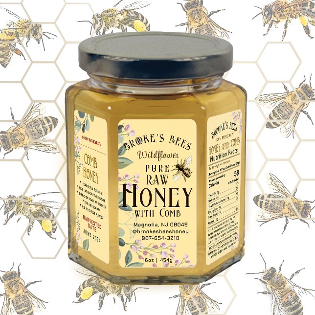 Söt Meadow Flowers Bee honey Comb Hex Burk etikett Adressetikett (Skapare uppladdad)