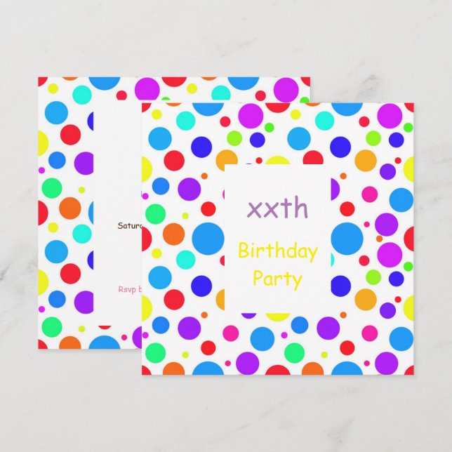 Söt med flera färgade fläckar, födelsedag inbjudningar (Fram/baksida)