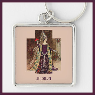 Söt Medieval Dam Beige Keychain Fyrkantig Silverfärgad Nyckelring