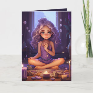 Söt Meditating Yoga Girl Lila Guld Birthday Kort