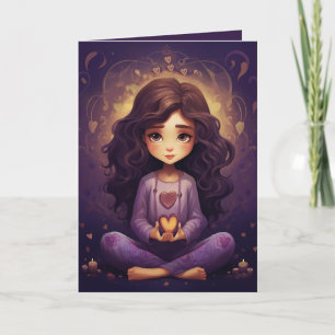 Söt Meditating Yoga Girl Lila Hearts Birthday Kort