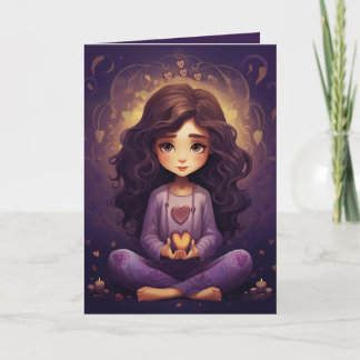 Söt Meditating Yoga Girl Lila Hearts Birthday Kort