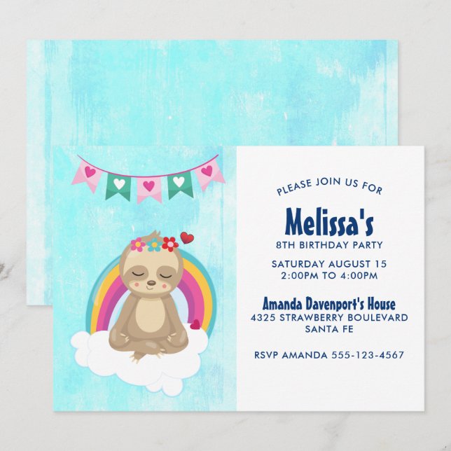 Söt mediterande sengångare med en regnbågsfödelsed inbjudningar (Fram/baksida)