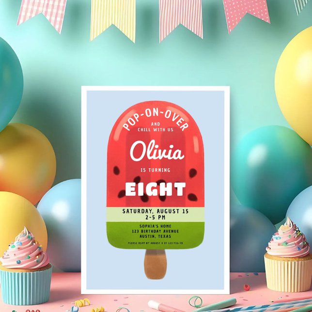 Söt Melon Glass Flickan 8-årsdag Inbjudningar (Cute Melon Popsicle Girl 8th Birthday Invitation)