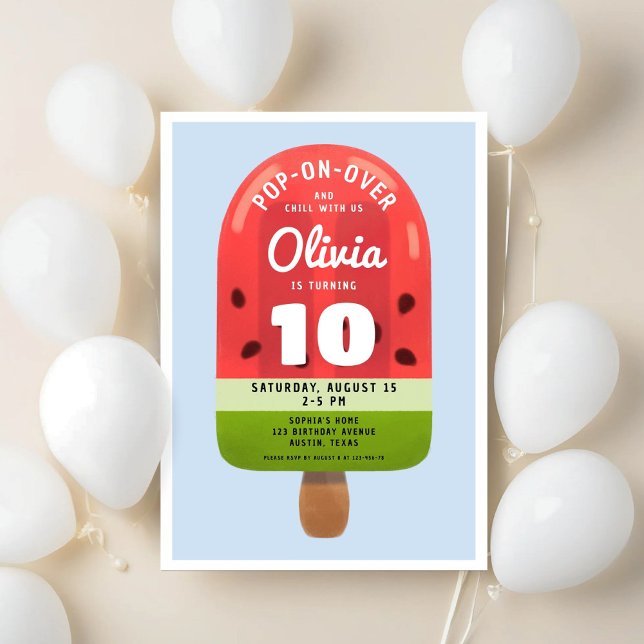 Söt melon-glass-tjej tioårsdag inbjudningar (Cute Melon Popsicle Girl Tenth Birthday Invitation)