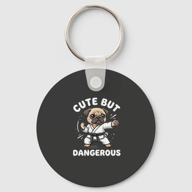 Söt Men Farlig Pug Hund Karate Nyckelring (Framsida)
