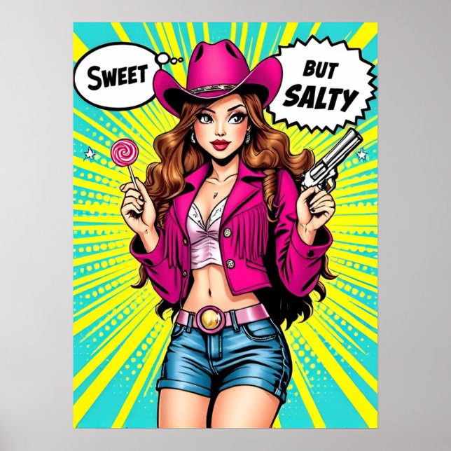 Söt men Salty Cowgirl - Retro Western Pop Art Poster (Framsidan)