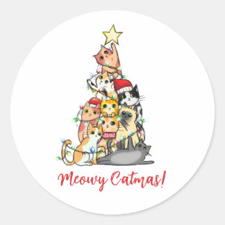 Söt Meowy Catmas Katter Julgran Runt Klistermärke