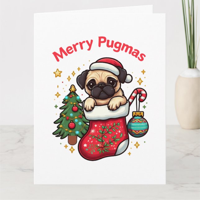 Söt "Merry Pugmas" Jul-Pug Kort (Framsida)